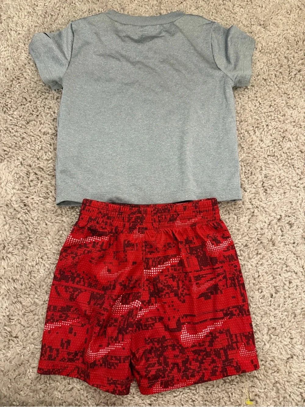 Nike Gray Tee with Black Logo and Red Patterned Shorts
